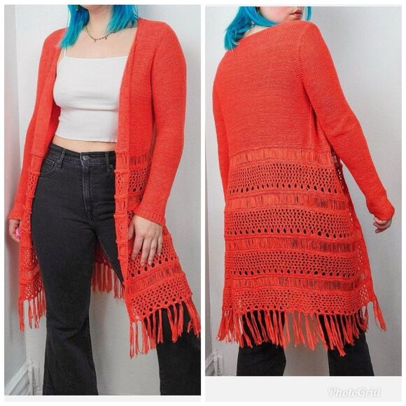 Crochet Knit Fringe Long Cardigan XS Boho Hippie Festival Duster Y2K Fairycore - Picture 1 of 11